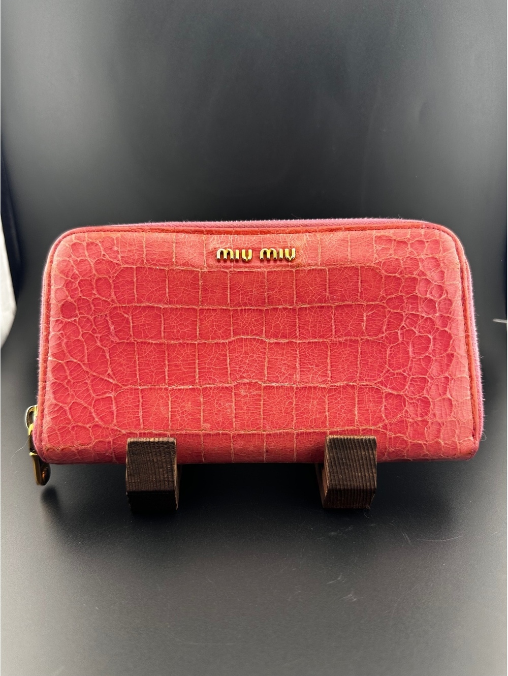Miu Miu Pink Croc-Embossed Leather Zip-Around Wallet